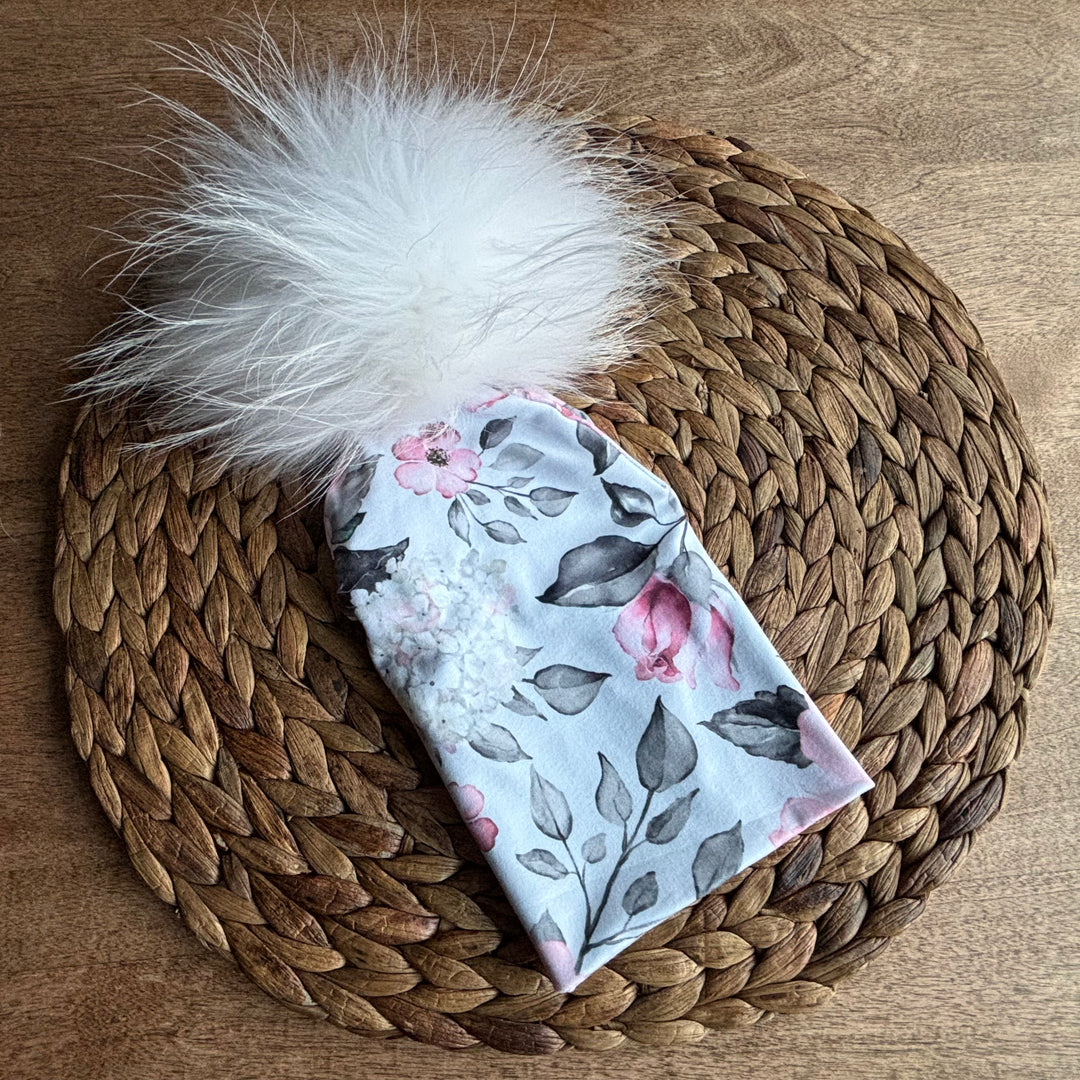 Tuque floral sur blanc POMPON BLANC