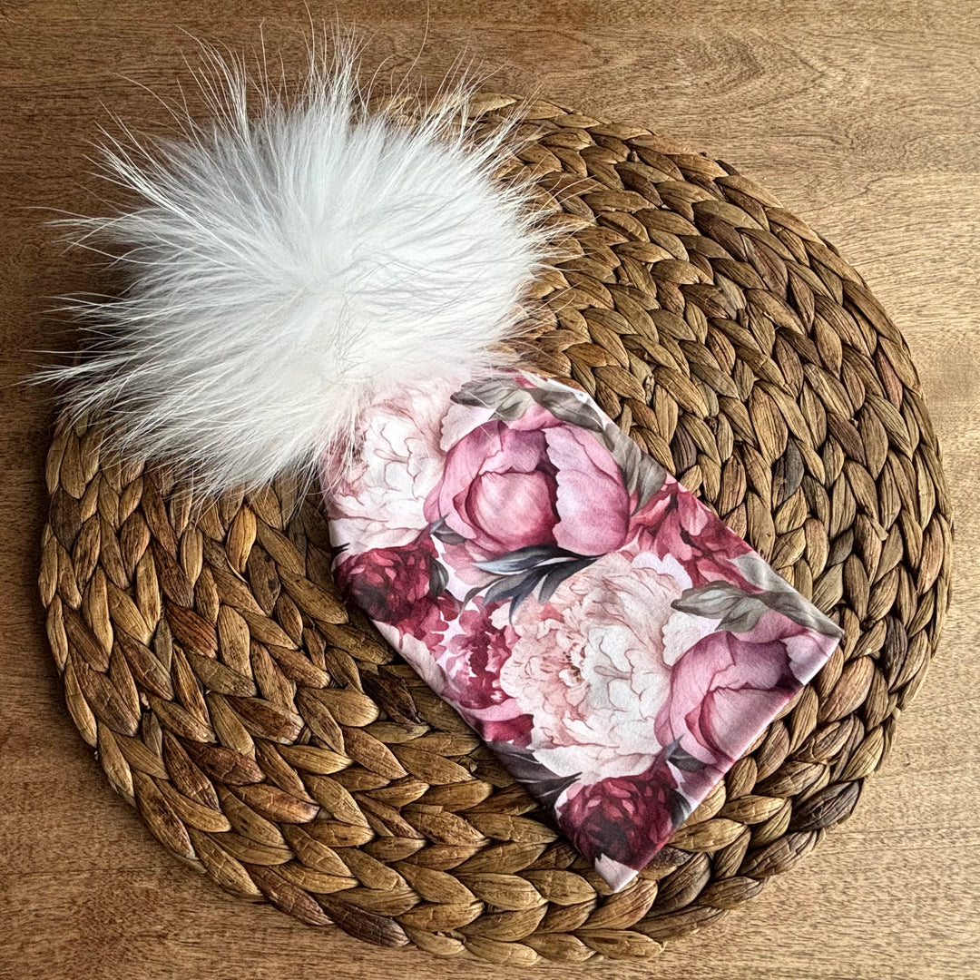 Tuque pivoine & feuillage POMPON BLANC