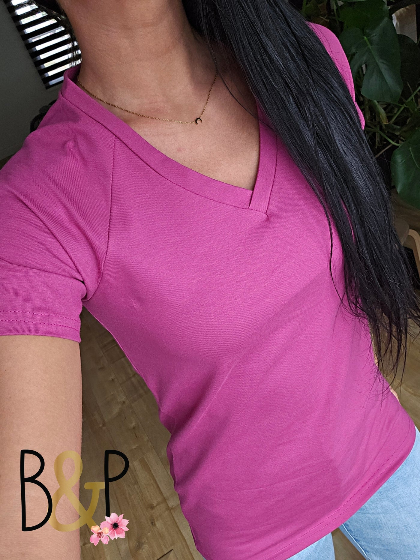 Tunique manches courtes col en V rouge - violet