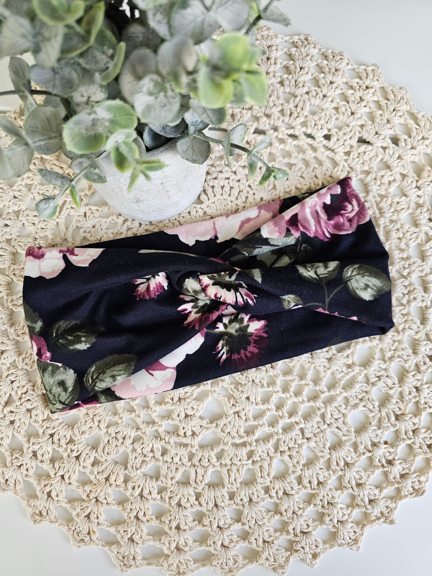 Bandeau twist fleuri vieux rose