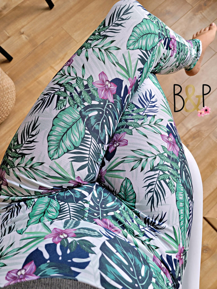 Legging tropical fleurs mauves