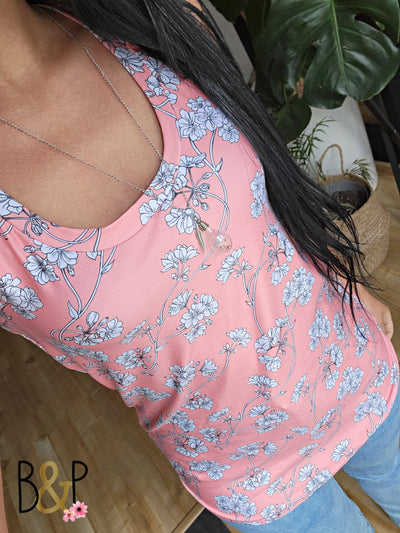 Camisole fleurs blanches sur corail