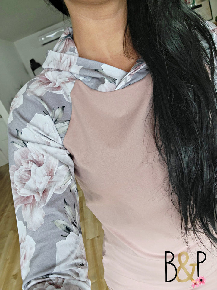Hoodie pivoines grises & vieux rose