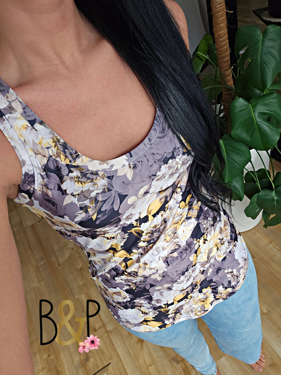 Camisole fleurs grises jaunes noires