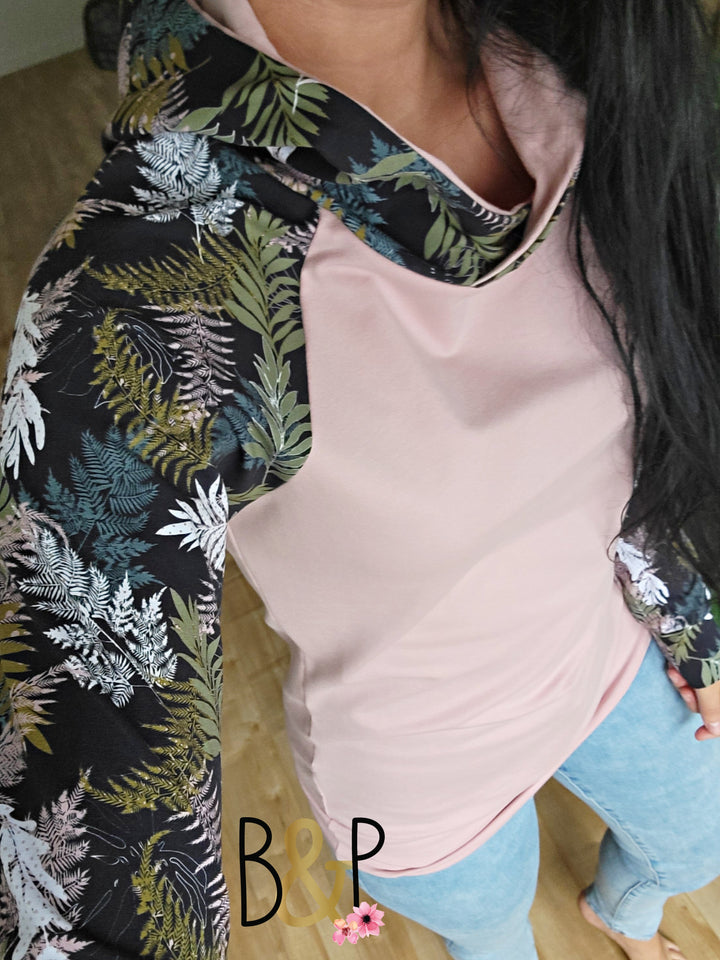 Hoodie capuchon croisé fougères & rose