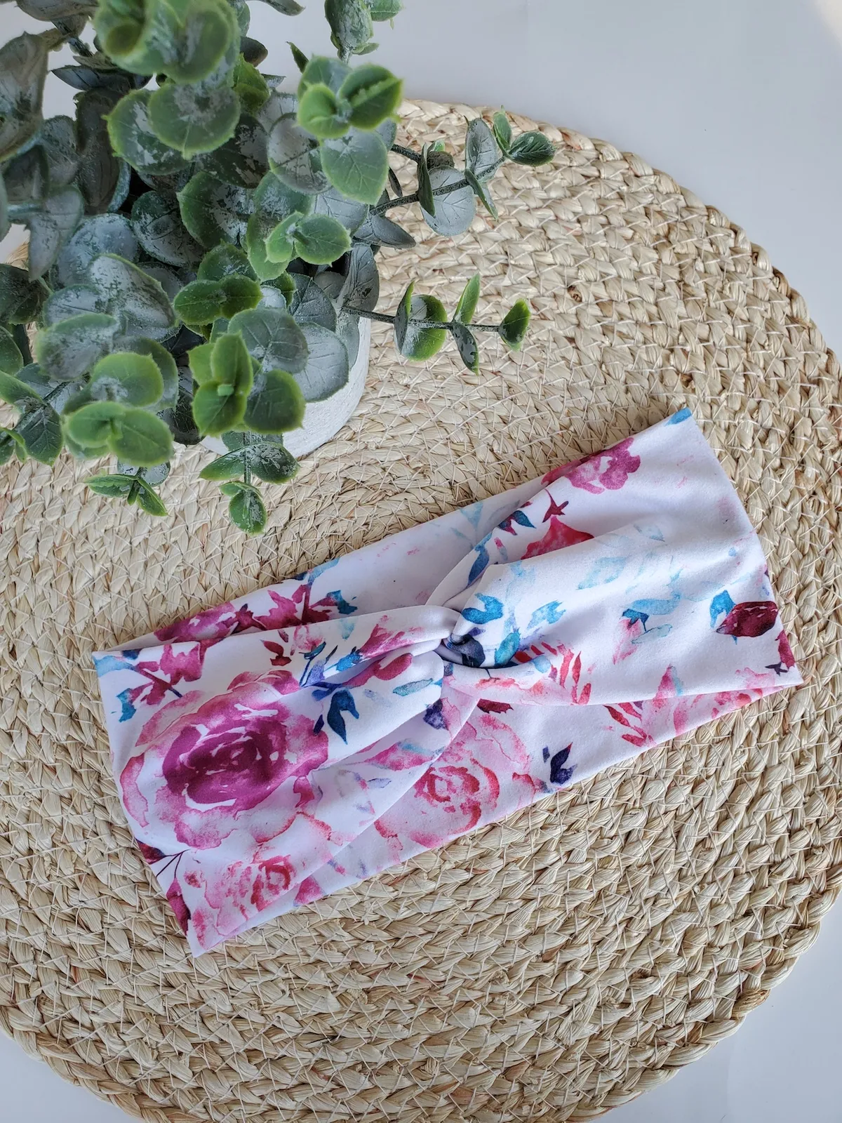 Bandeau twist fleuri rose et bleu